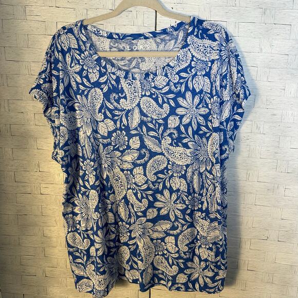 Loft women’s T-shirt Dolman sleeve blue white paisley Linen blend cool breezy  - Picture 1 of 8